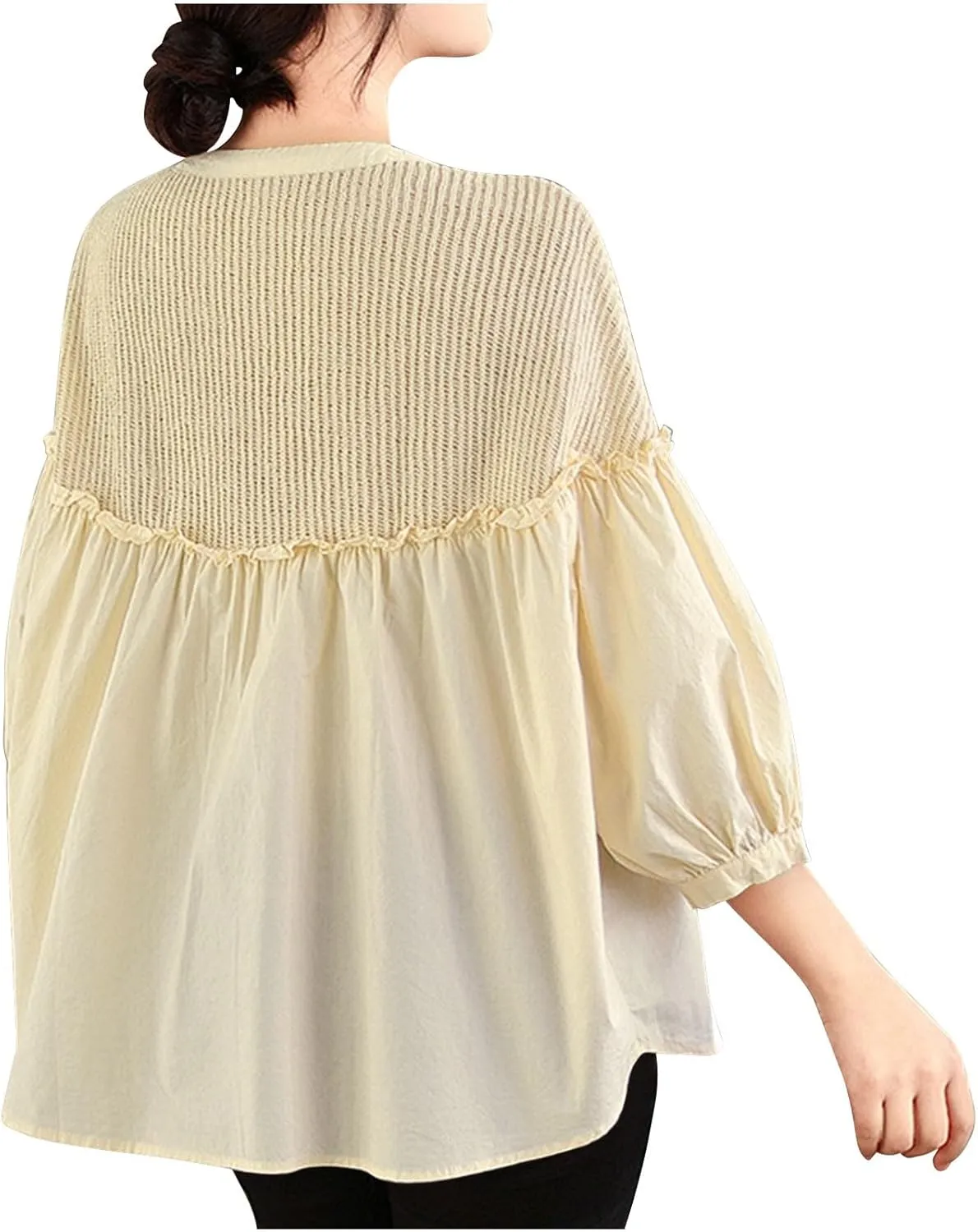 Cotton Linen Button Tops for Women 2025 Summer Peplum Babydoll Puff Short Sleeve Blouse T-Shirts Cute Crewneck Shirts