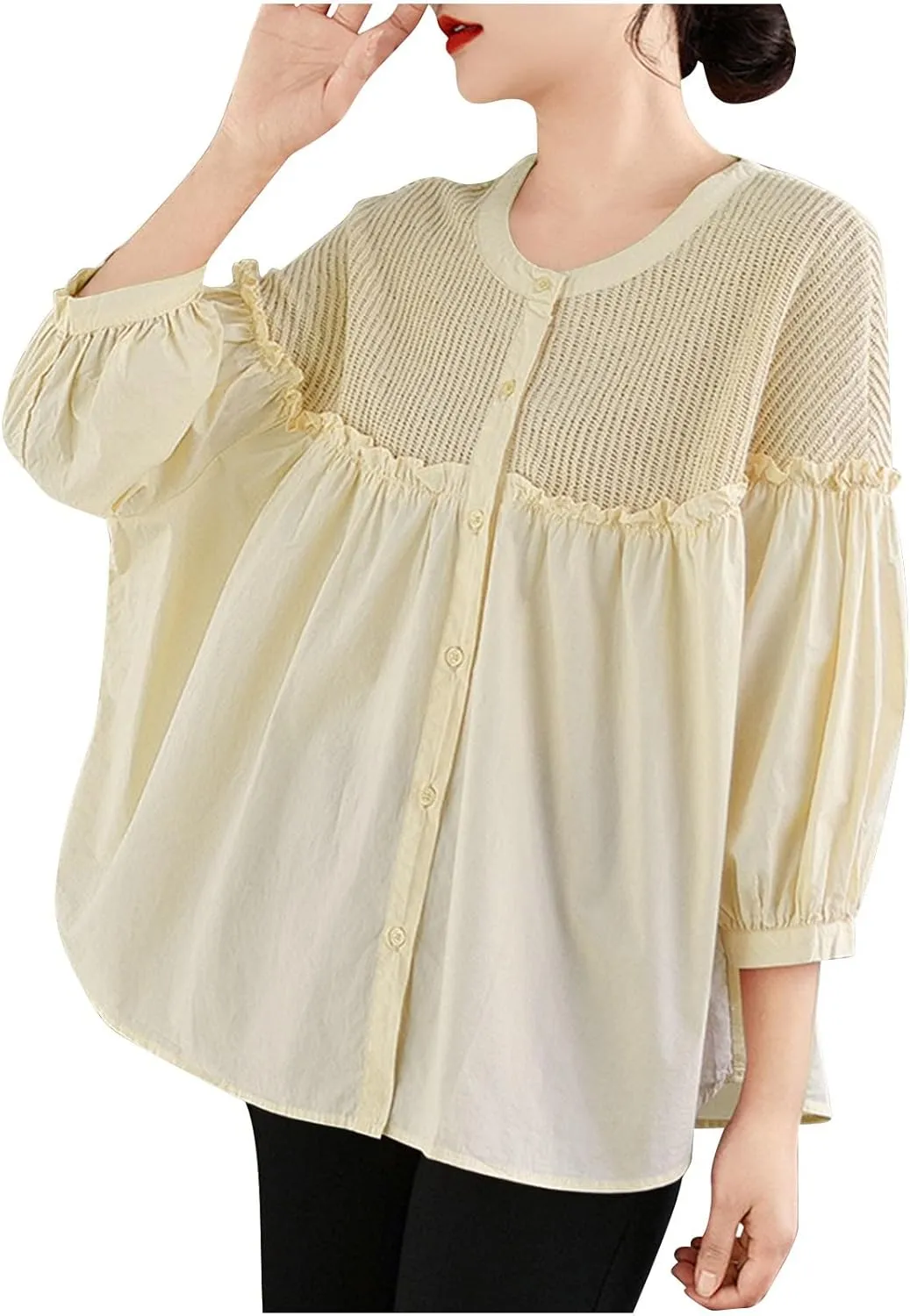 Cotton Linen Button Tops for Women 2025 Summer Peplum Babydoll Puff Short Sleeve Blouse T-Shirts Cute Crewneck Shirts