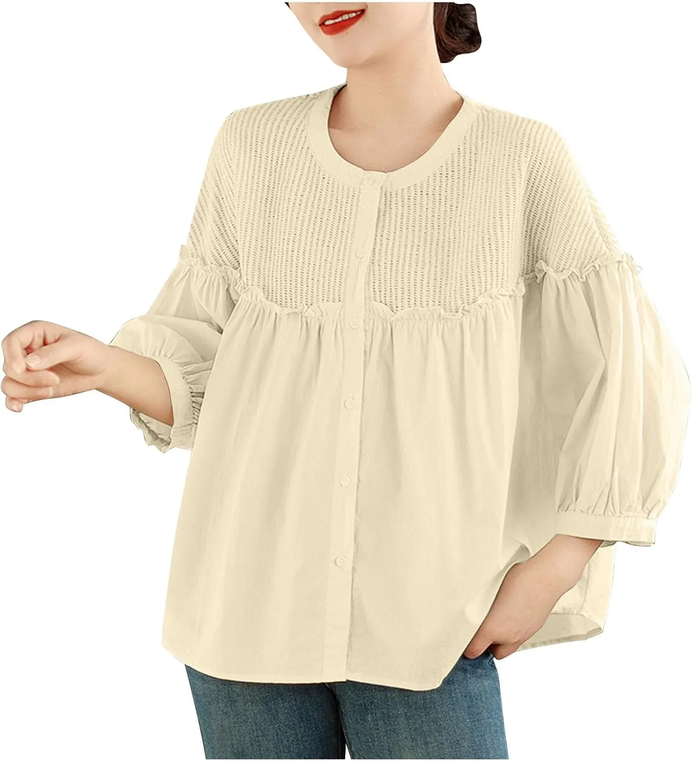 Cotton Linen Button Tops for Women 2025 Summer Peplum Babydoll Puff Short Sleeve Blouse T-Shirts Cute Crewneck Shirts