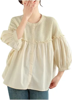 Cotton Linen Button Tops for Women 2025 Summer Peplum Babydoll Puff Short Sleeve Blouse T-Shirts Cute Crewneck Shirts