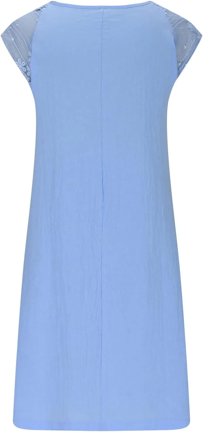 Cotton Linen Dresses for Women Summer 3/4 Sleeve Midi Dresses V Neck Tshirt Dress Knee Length Shift Dresses