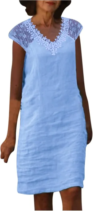 Cotton Linen Dresses for Women Summer 3/4 Sleeve Midi Dresses V Neck Tshirt Dress Knee Length Shift Dresses