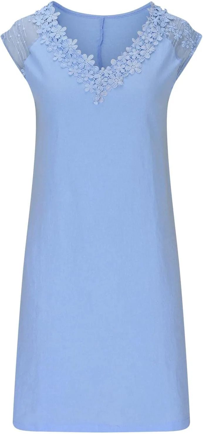 Cotton Linen Dresses for Women Summer 3/4 Sleeve Midi Dresses V Neck Tshirt Dress Knee Length Shift Dresses