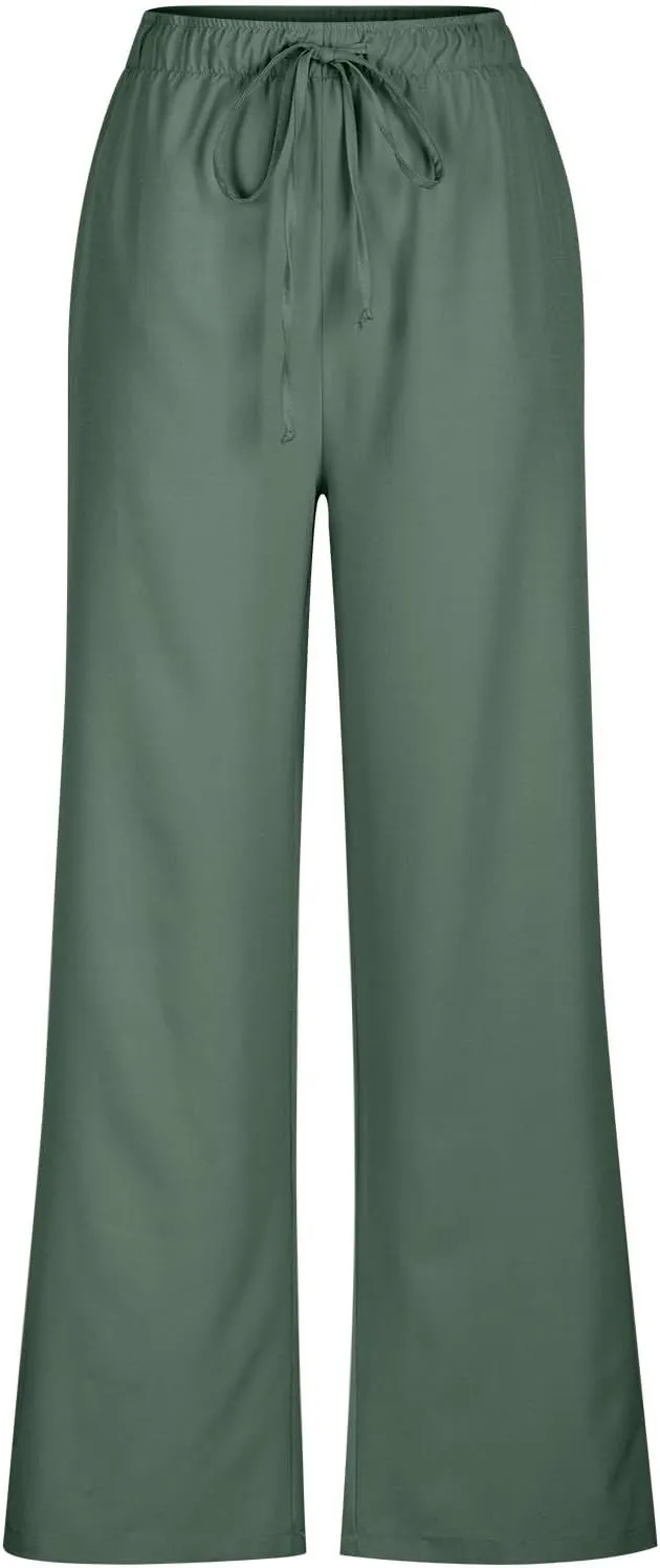 Cotton Linen Pants Women Bootcut Linen Wide Leg Pants Elastic High Waisted Trousers Palazzo Pants Baggy Lounge Pants