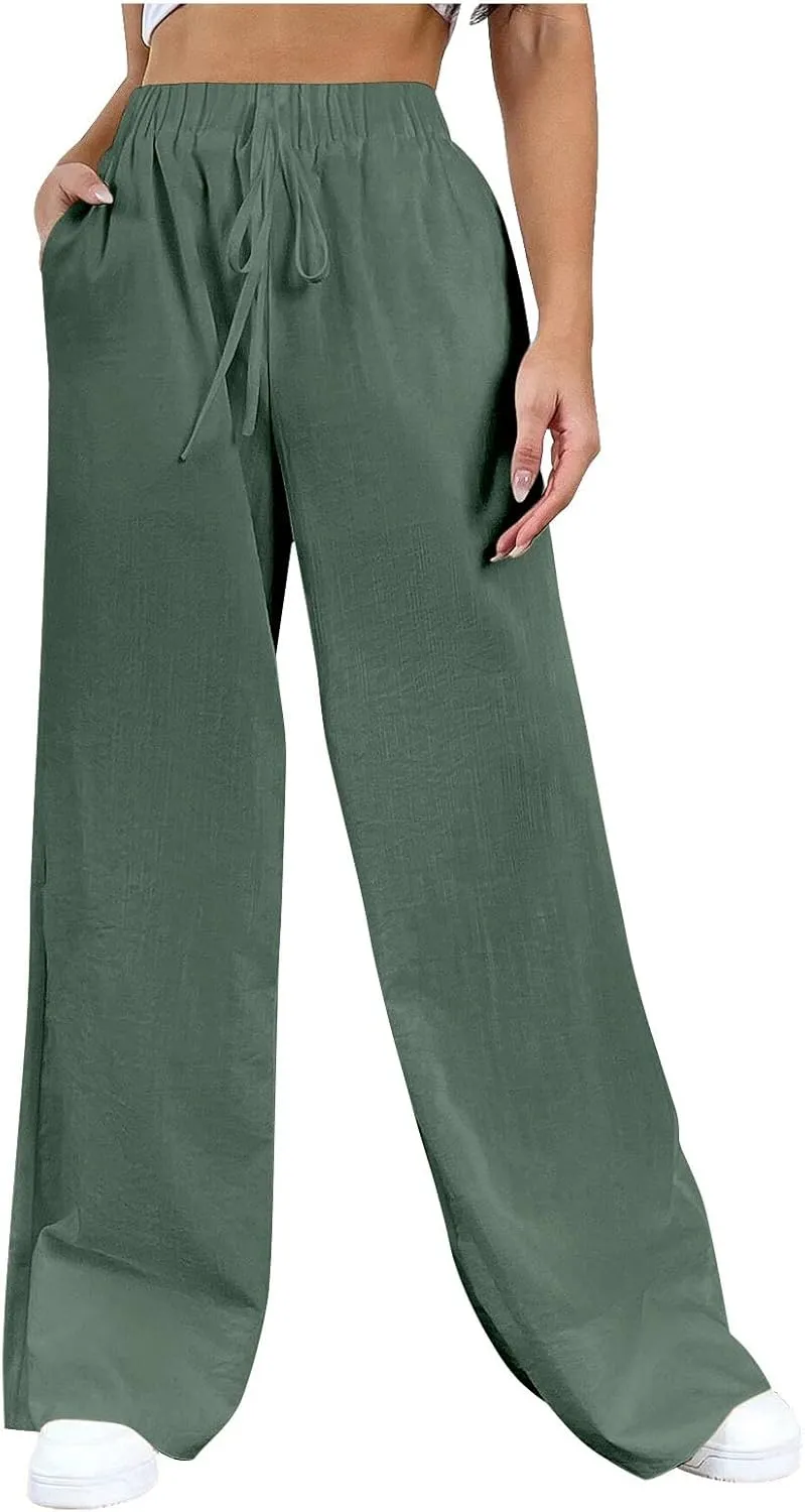 Cotton Linen Pants Women Bootcut Linen Wide Leg Pants Elastic High Waisted Trousers Palazzo Pants Baggy Lounge Pants