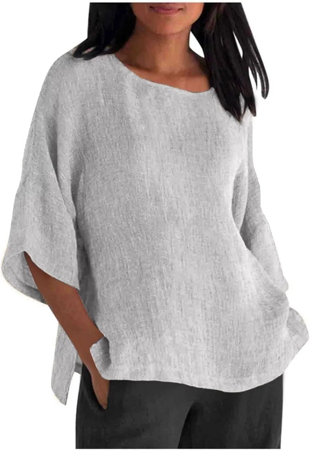 Cotton Linen Shirt for Women 2025 Vacation Summer Loose Fit Casual 3/4 Sleeve Tops Tshirt Cotton Blouse Basic Tees