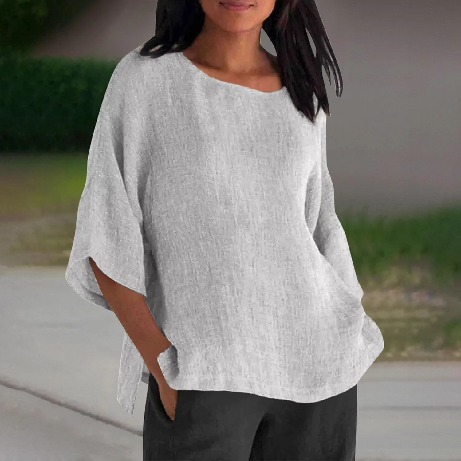 Cotton Linen Shirt for Women 2025 Vacation Summer Loose Fit Casual 3/4 Sleeve Tops Tshirt Cotton Blouse Basic Tees
