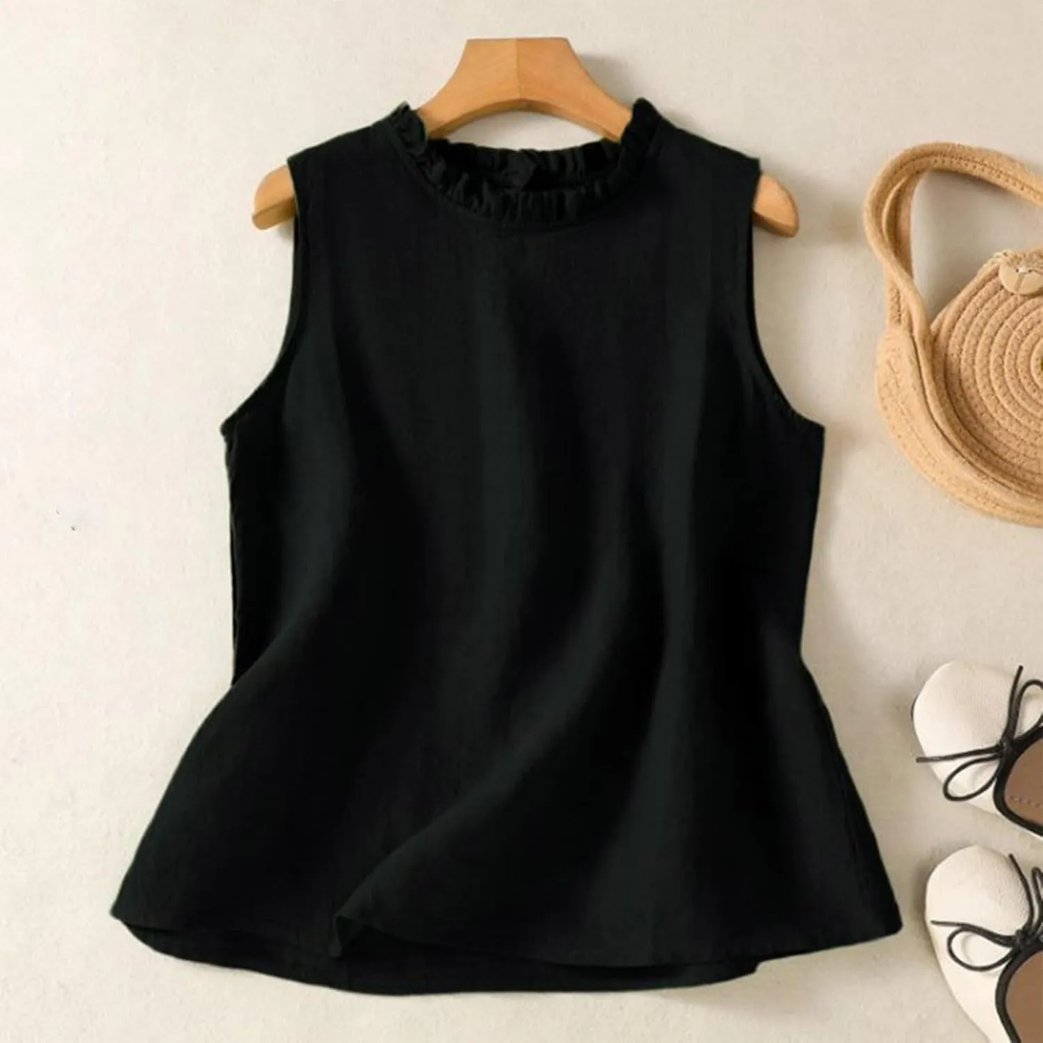 Cotton Linen Tank Tops for Women Ruffle Mock Neck Summer Vacation Tops Loose Fit Sleeveless Shirts Beach Tees Vests