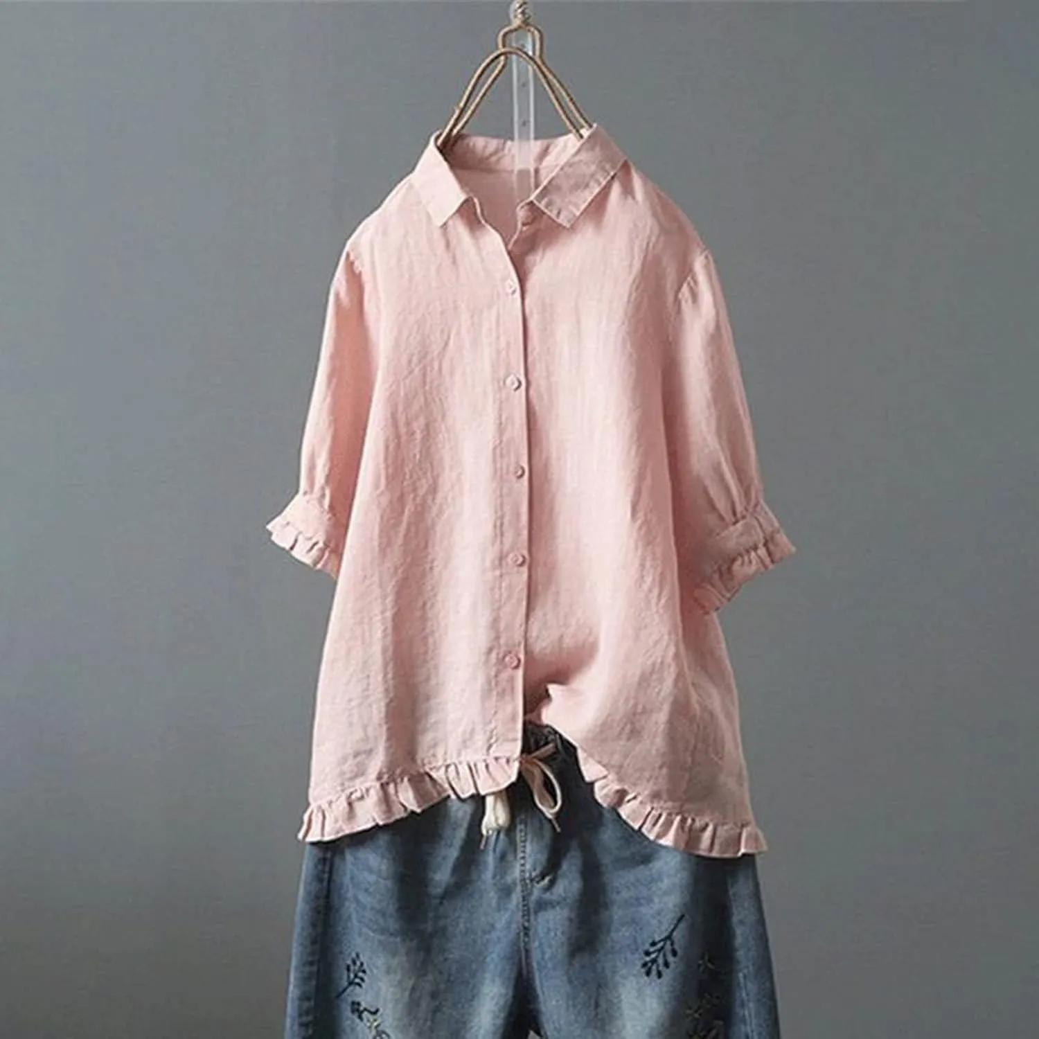 Cotton Linen Tops for Women Plus Size 3/4 Sleeve Shirt Boho Loose fit Tunic Loose Fit Summer Work Oversized Blouse