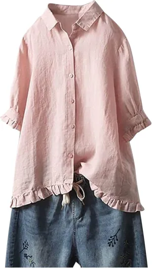 Cotton Linen Tops for Women Plus Size 3/4 Sleeve Shirt Boho Loose fit Tunic Loose Fit Summer Work Oversized Blouse