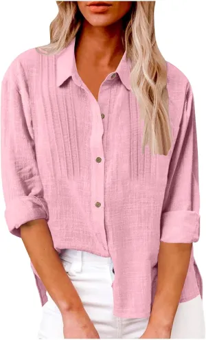 Cotton Linen Tops for Women Summer Solid Color Button Down Long Sleeve Shirts Casual Fashion Loose Pleated Blouse