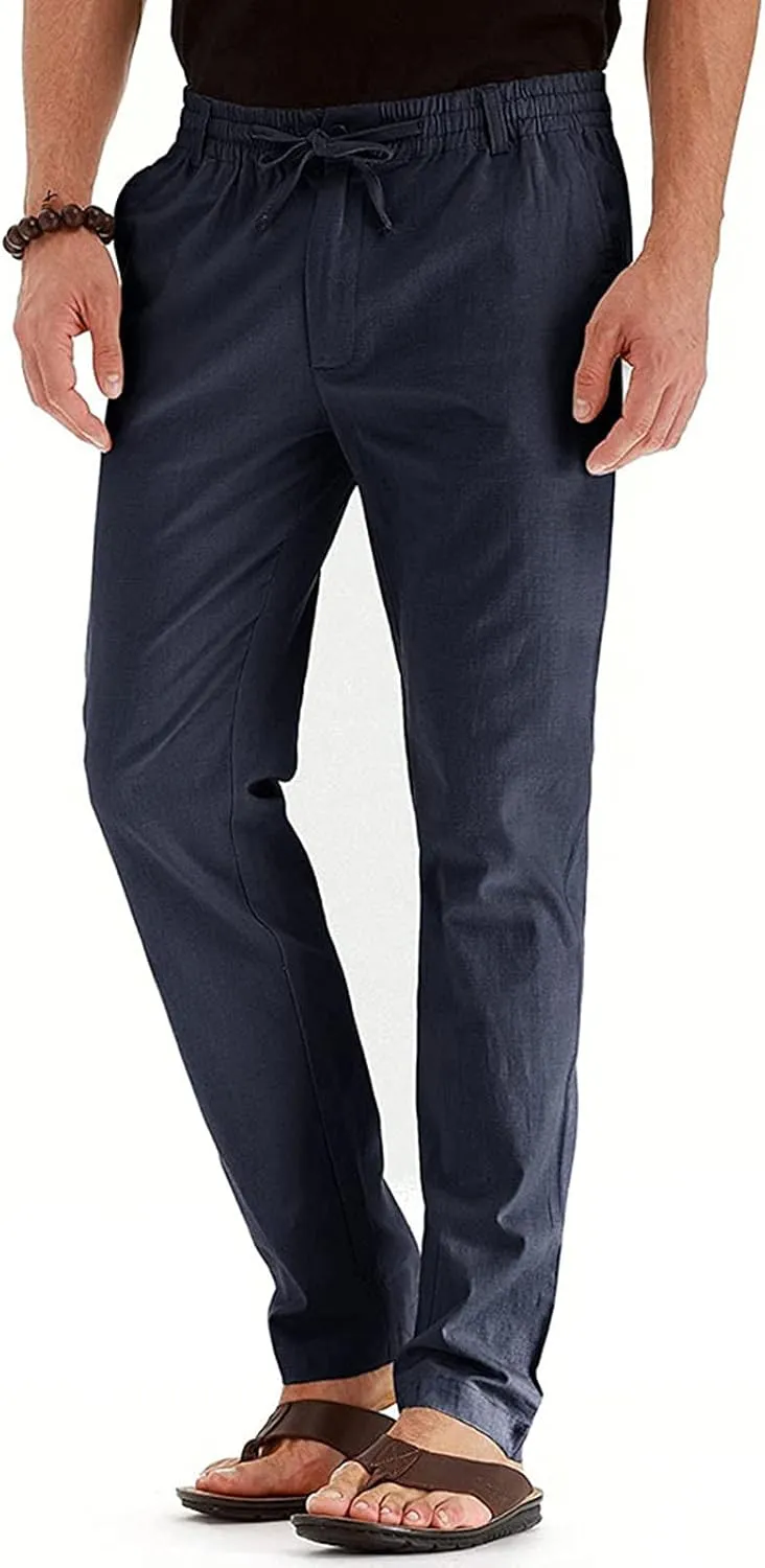 Cotton Men's Casual Elastic Waist Drawstring Straight Leg Comfortable Lounge Daily Summer Beachwear Relaxed Bottoms