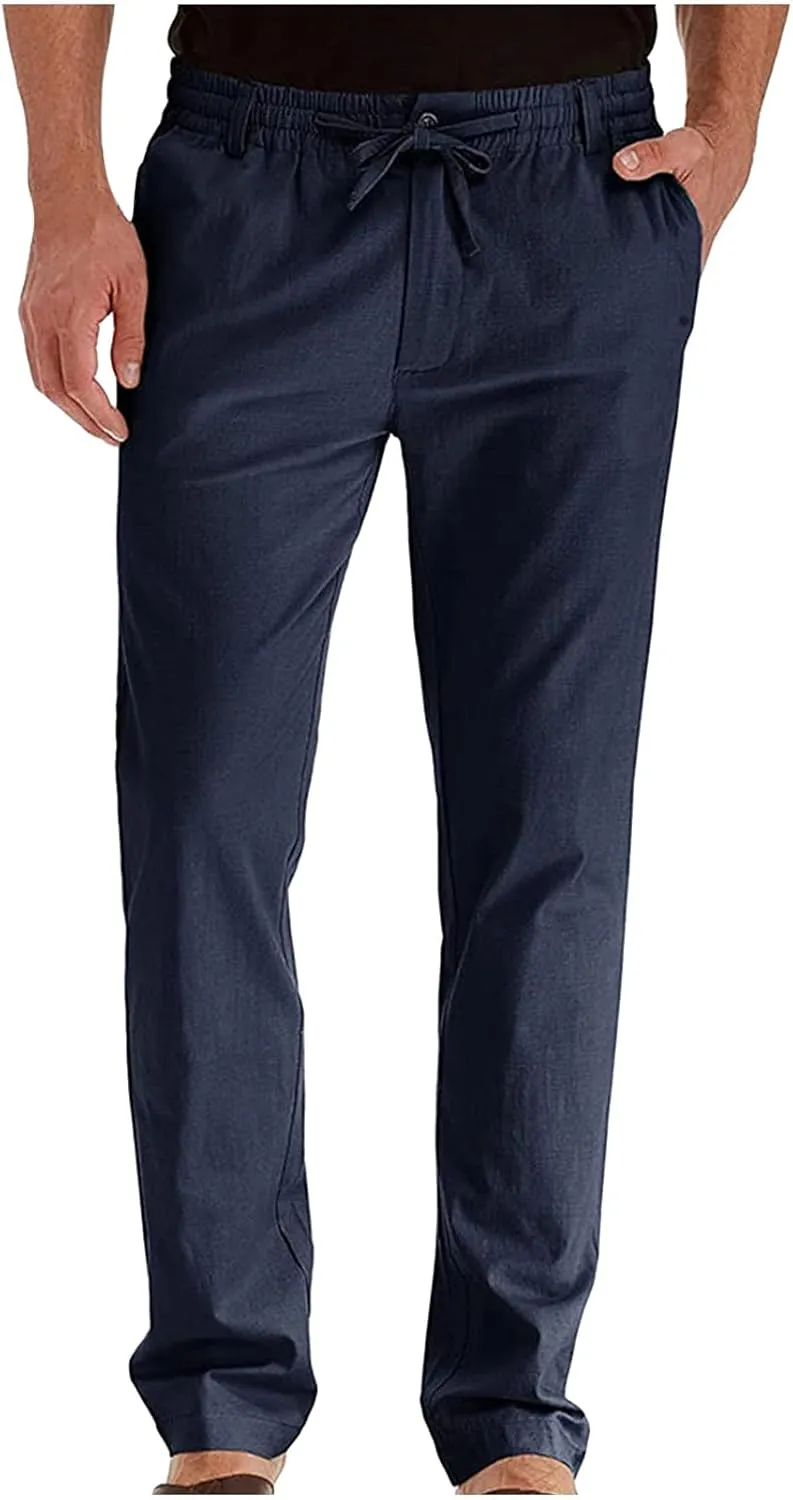 Cotton Men's Casual Elastic Waist Drawstring Straight Leg Comfortable Lounge Daily Summer Beachwear Relaxed Bottoms
