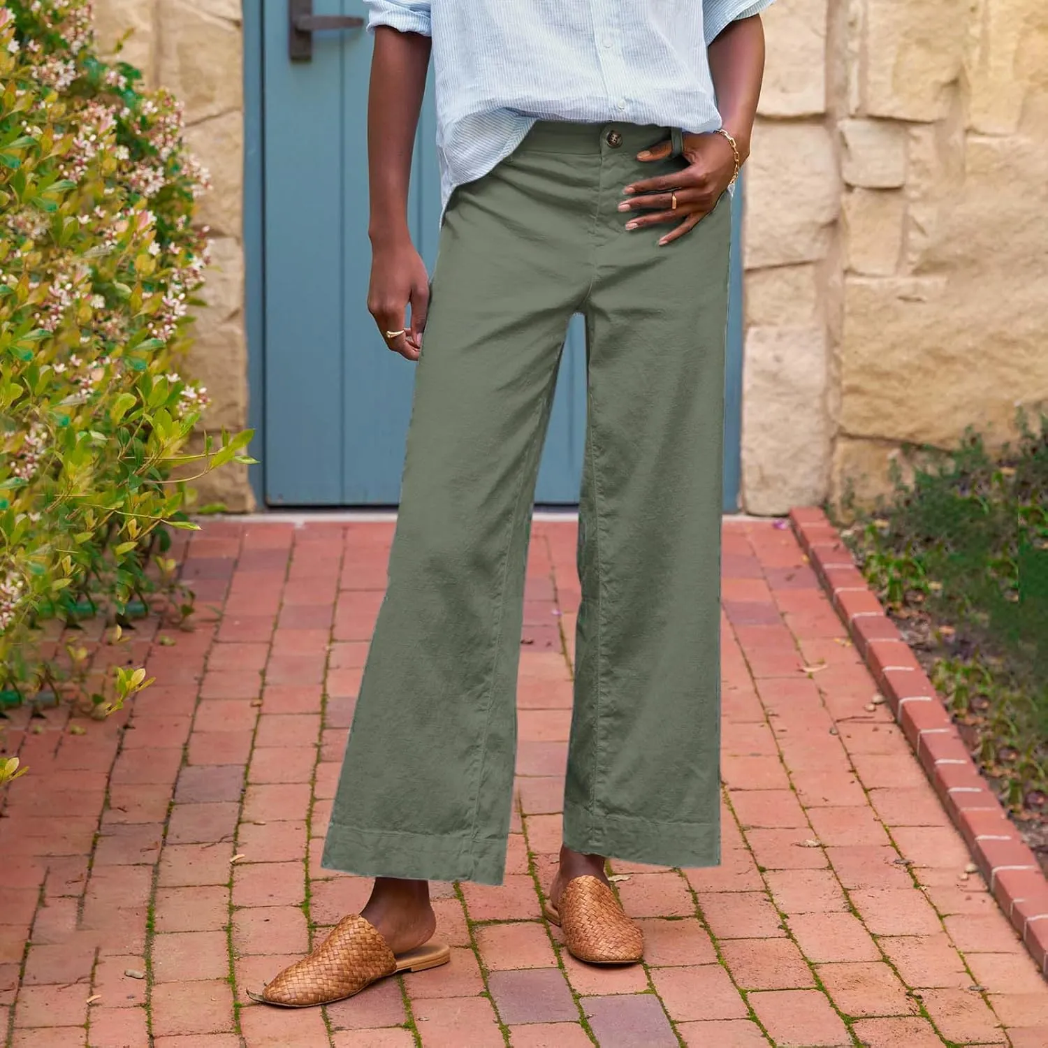 Cropped Linen Pants Women Summer Flare Wide Leg Pants High Waisted Work Pants Business Casual Bootcut Trouser Pants