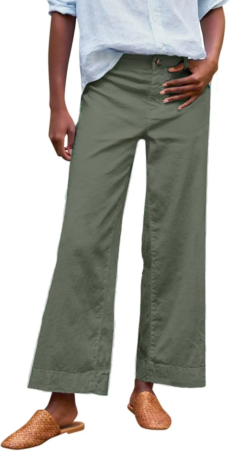 Cropped Linen Pants Women Summer Flare Wide Leg Pants High Waisted Work Pants Business Casual Bootcut Trouser Pants