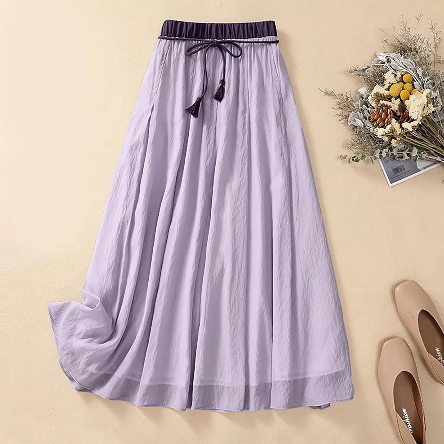 DDAPJ pyju Women's Cotton Linen Maxi Skirt with Tassel Tie Waist Summer Casual Double Layer Elastic Waist A-Line Flowy Skirts