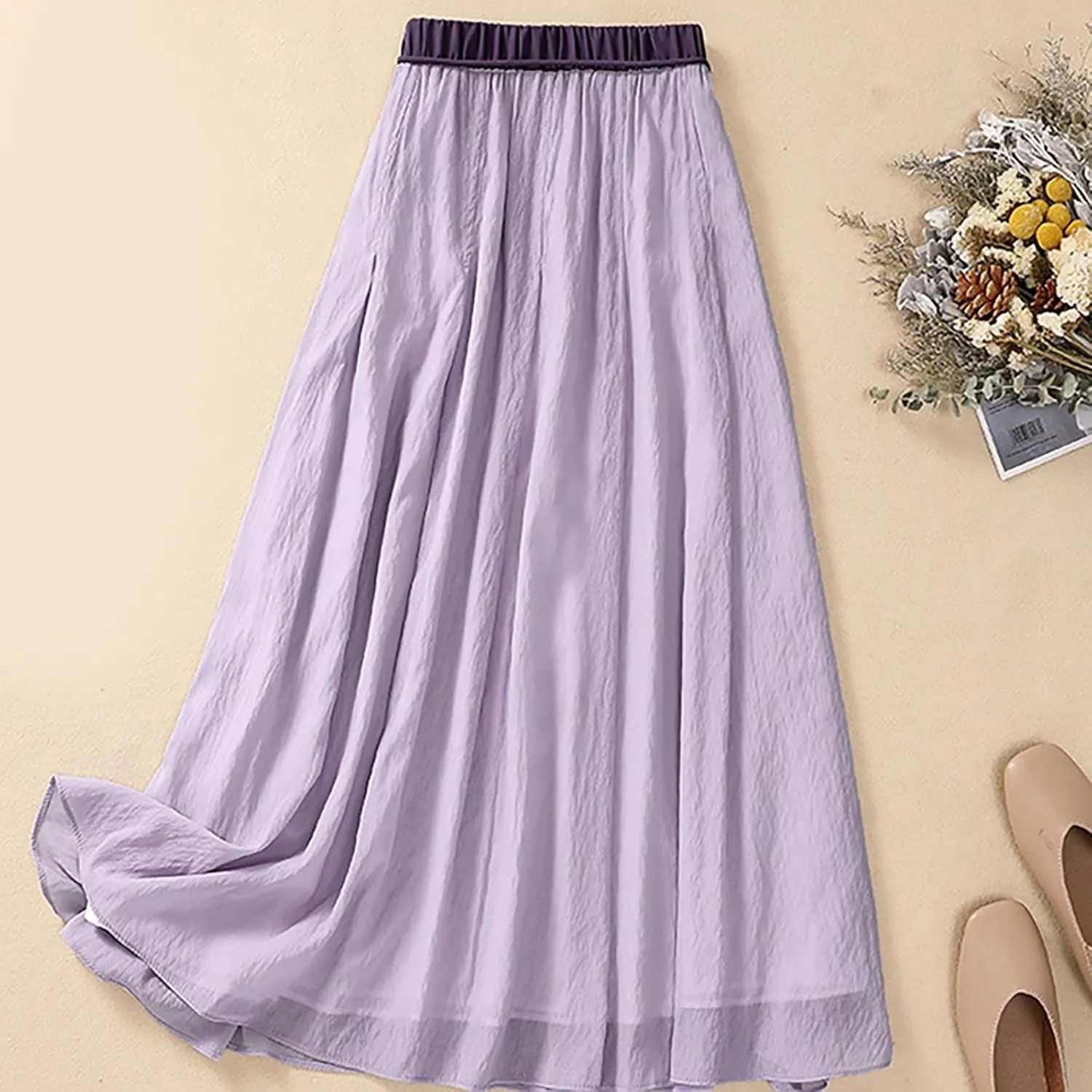 DDAPJ pyju Women's Cotton Linen Maxi Skirt with Tassel Tie Waist Summer Casual Double Layer Elastic Waist A-Line Flowy Skirts