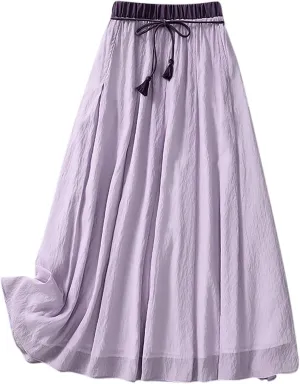 DDAPJ pyju Women's Cotton Linen Maxi Skirt with Tassel Tie Waist Summer Casual Double Layer Elastic Waist A-Line Flowy Skirts