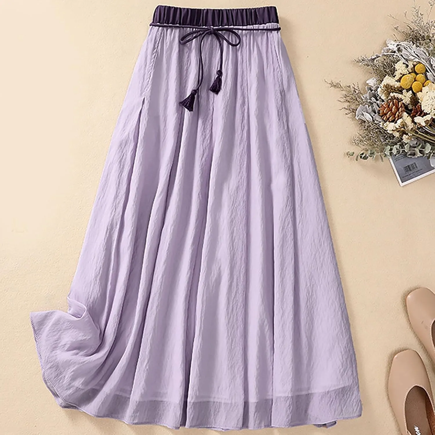 DDAPJ pyju Women's Cotton Linen Maxi Skirt with Tassel Tie Waist Summer Casual Double Layer Elastic Waist A-Line Flowy Skirts