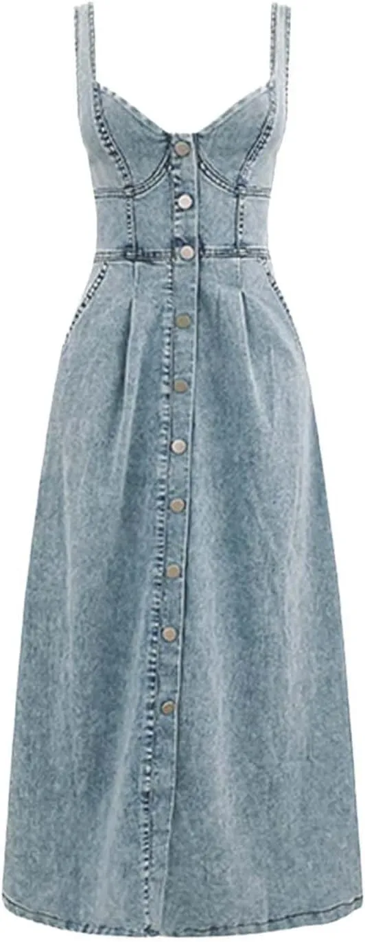Denim Dresses for Women 2025 Western Classy Spaghetti Straps Sleeveless Overall Dress Flowy Country Concert Outfits