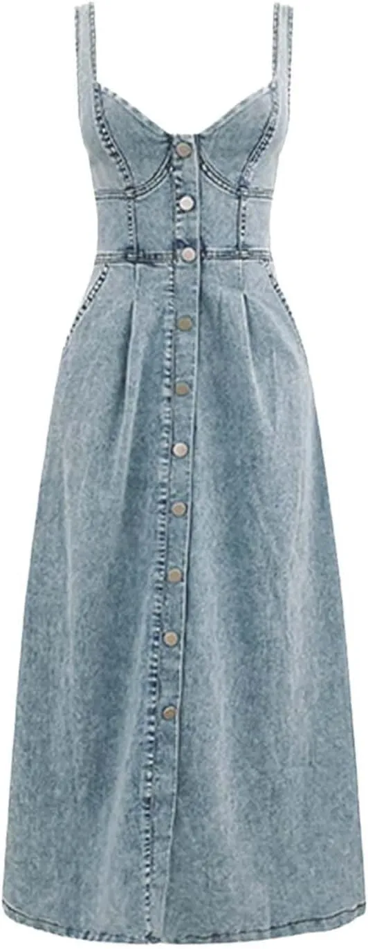 Denim Dresses for Women 2025 Western Classy Spaghetti Straps Sleeveless Overall Dress Flowy Country Concert Outfits