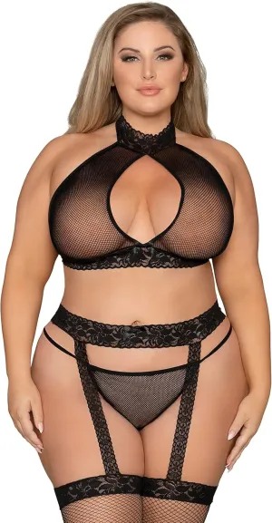 Dreamgirl Plus Size Women's Fishnet Lace Bralette Garterhose & G-String Lingerie Set Black