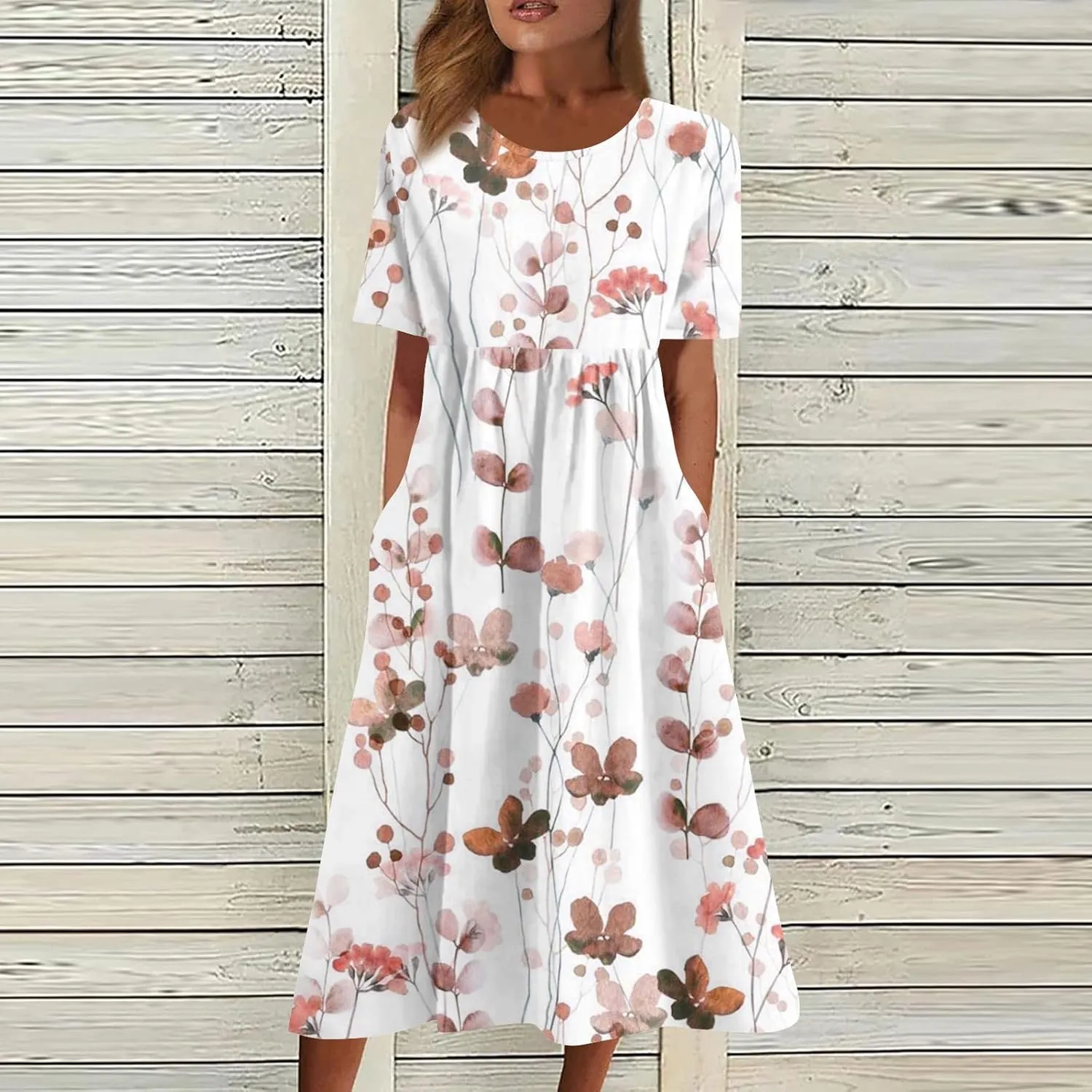 Dresses for Women 2024 Pocket Pleated Long Dresses Printed Short Sleeve Maxi Dress Round Neck Trendy Beach Dress