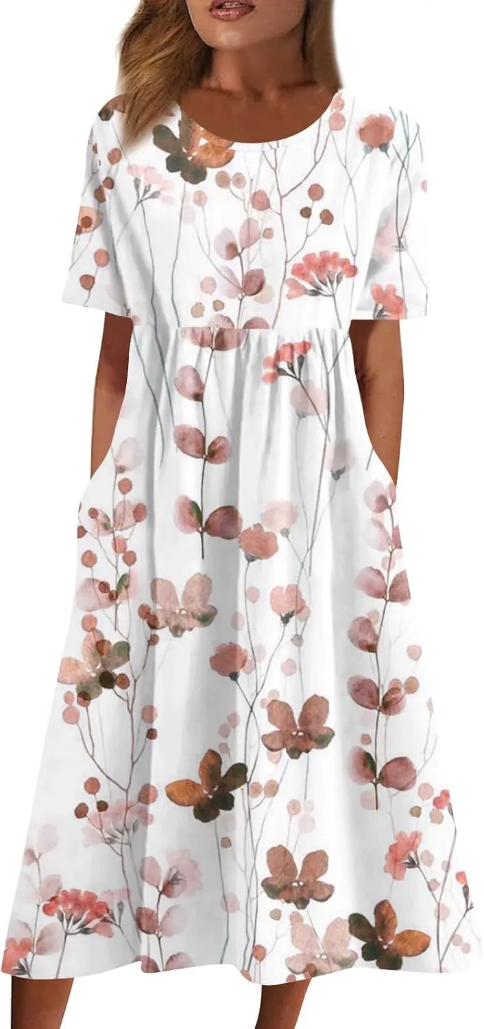Dresses for Women 2024 Pocket Pleated Long Dresses Printed Short Sleeve Maxi Dress Round Neck Trendy Beach Dress