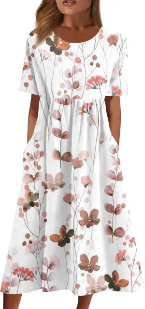Dresses for Women 2024 Pocket Pleated Long Dresses Printed Short Sleeve Maxi Dress Round Neck Trendy Beach Dress