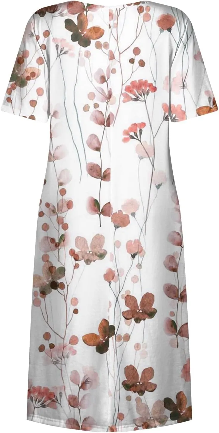 Dresses for Women 2024 Pocket Pleated Long Dresses Printed Short Sleeve Maxi Dress Round Neck Trendy Beach Dress