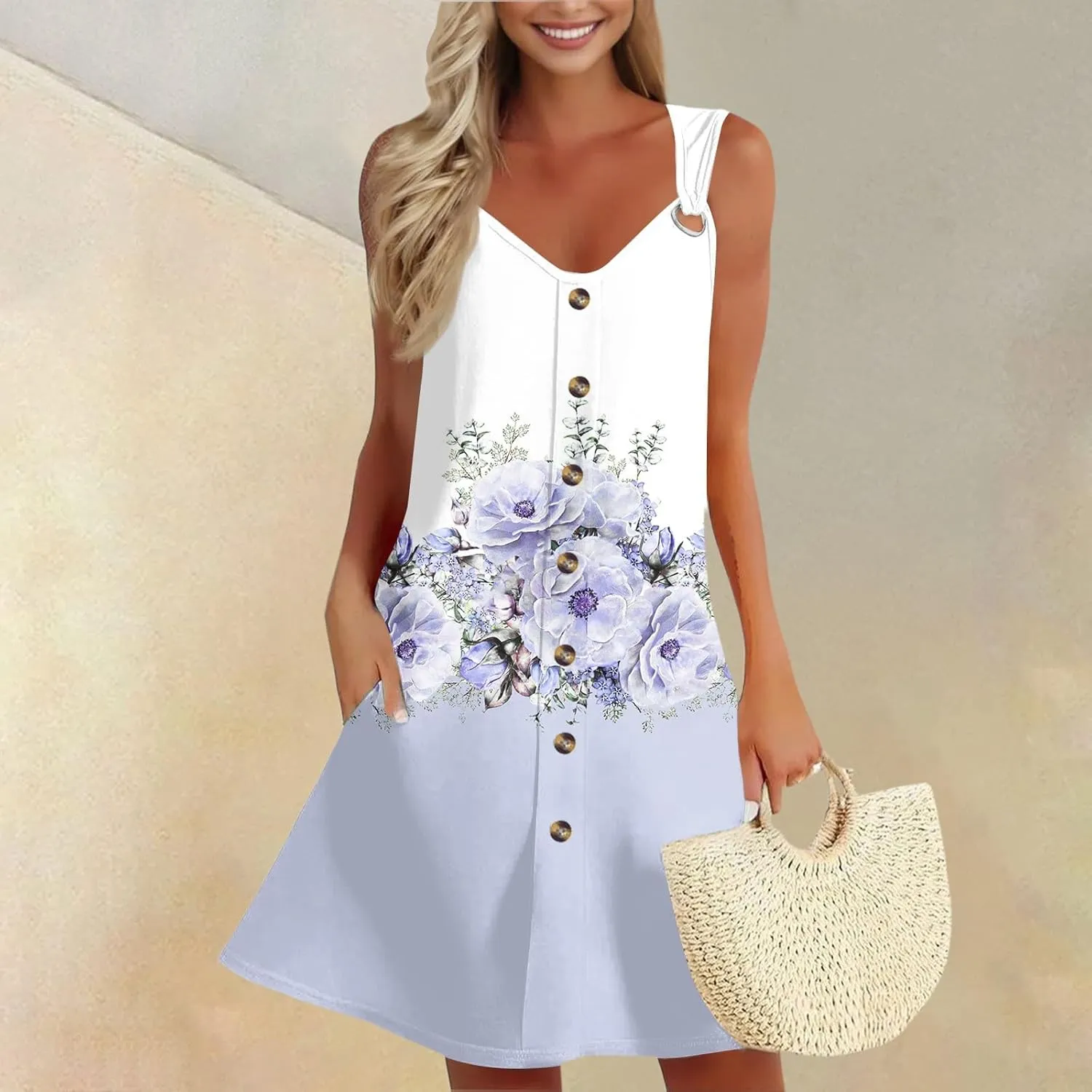 Dresses for Women 2025 Plus Size Sleeveless v Neck Mini Dresses Sexy Vacation Summer Clothes Sundress with Pockets