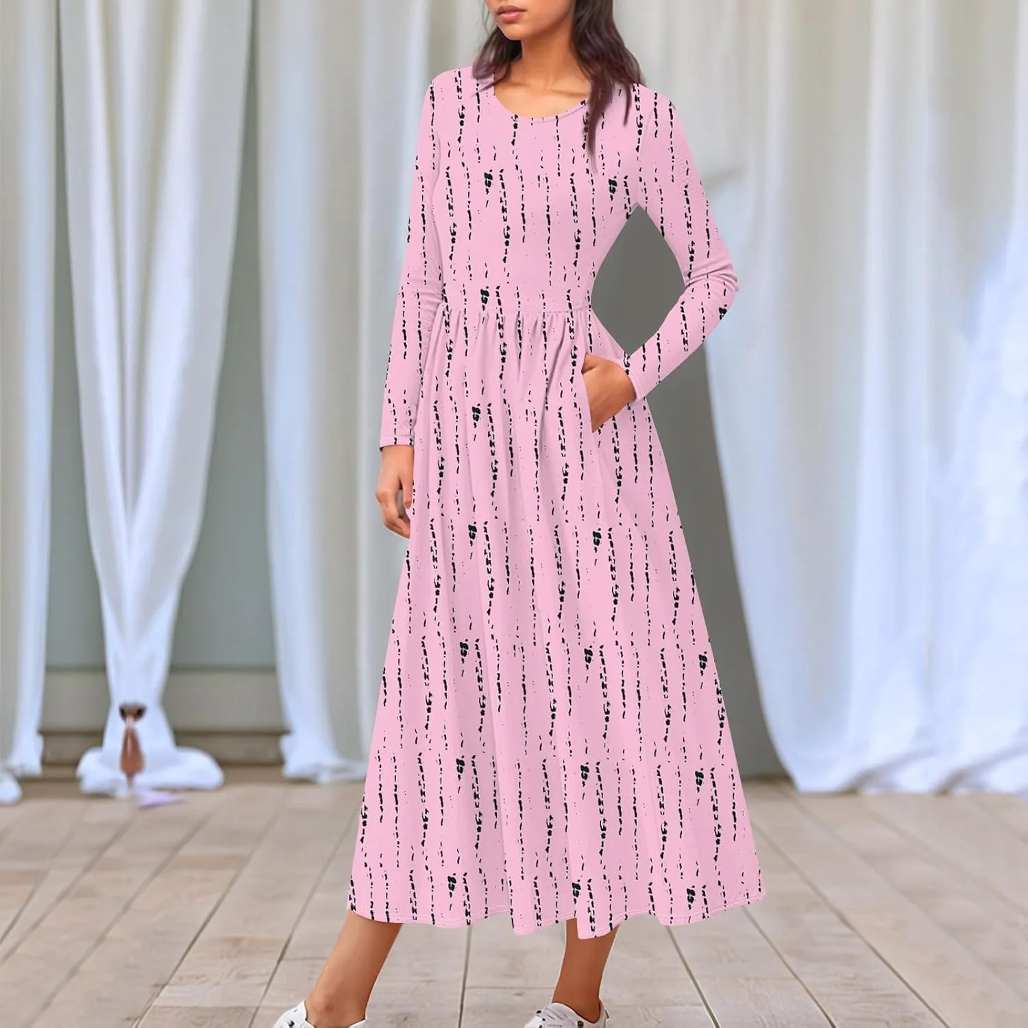 Dresses for Women 2025 Spring Long Sleeve Midi O Neck Modest Ladies Elegant Casual Cruise Dressy Dress