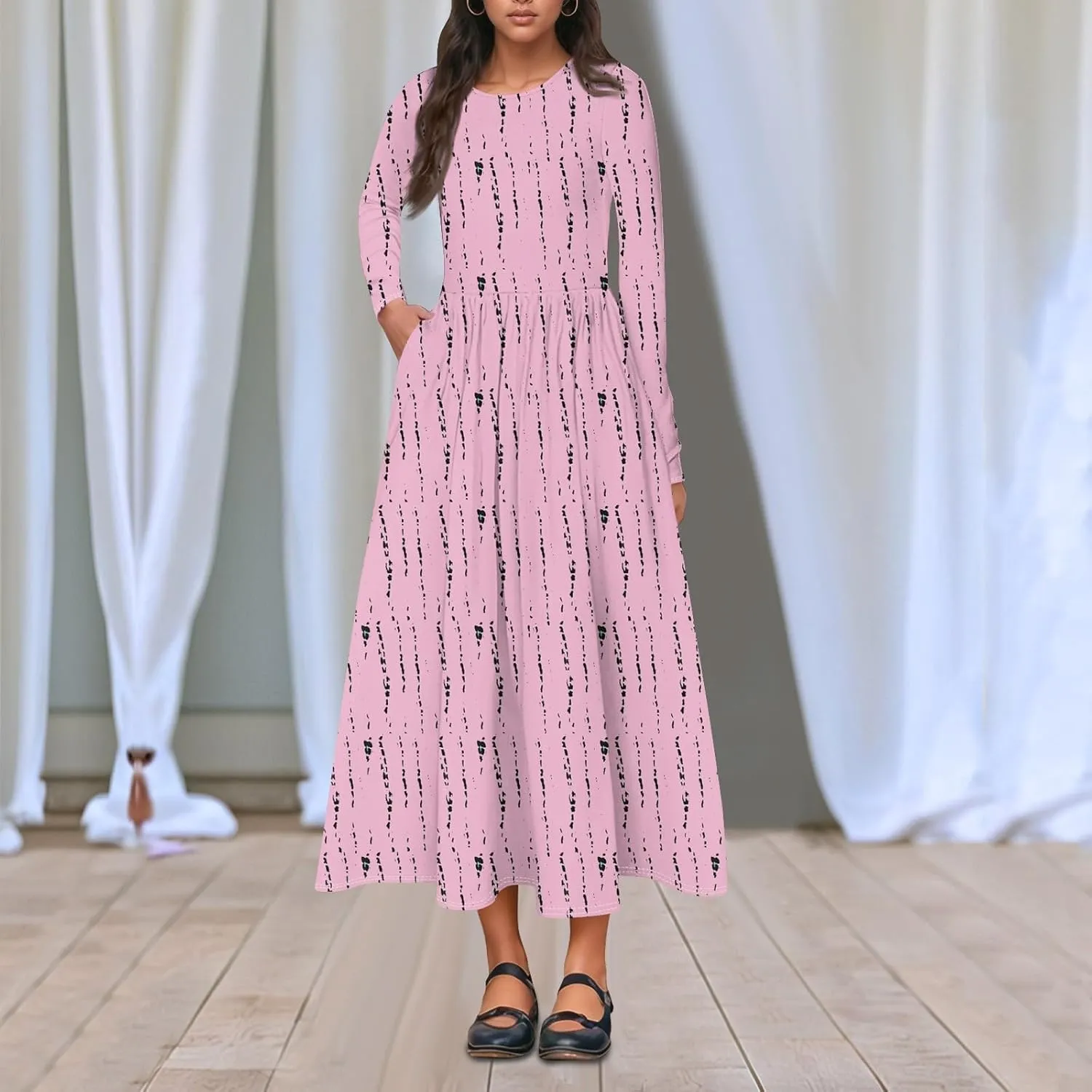 Dresses for Women 2025 Spring Long Sleeve Midi O Neck Modest Ladies Elegant Casual Cruise Dressy Dress