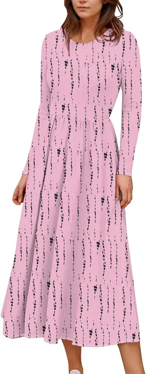 Dresses for Women 2025 Spring Long Sleeve Midi O Neck Modest Ladies Elegant Casual Cruise Dressy Dress