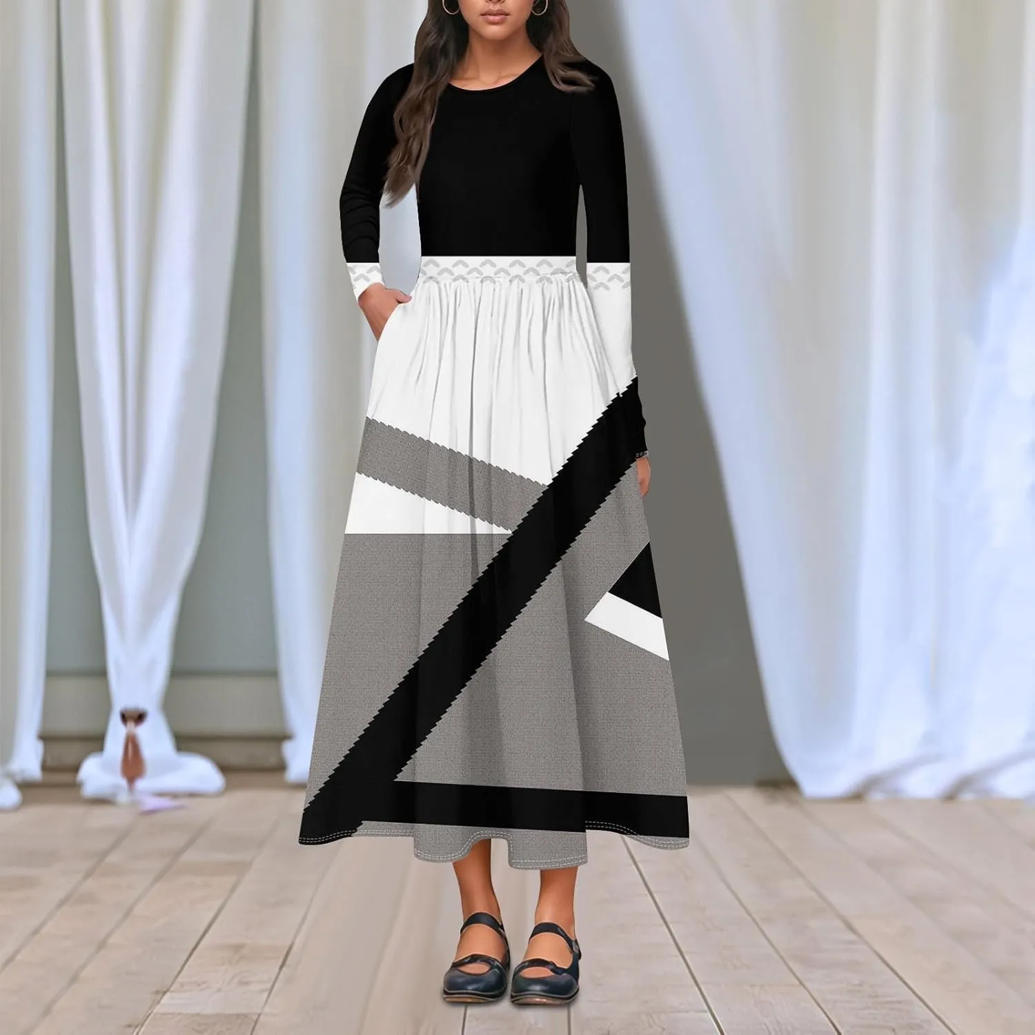 Dresses for Women 2025 Spring Midi Long Sleeve V Neck Modest Trendy Cute Tea Length Waist Curvy Dress