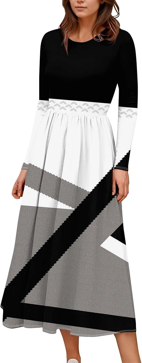 Dresses for Women 2025 Spring Midi Long Sleeve V Neck Modest Trendy Cute Tea Length Waist Curvy Dress