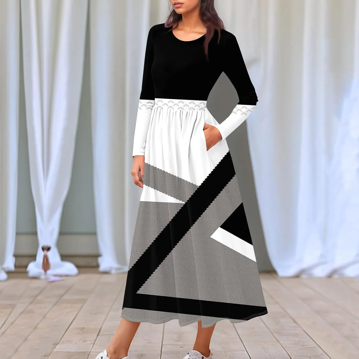 Dresses for Women 2025 Spring Midi Long Sleeve V Neck Modest Trendy Cute Tea Length Waist Curvy Dress