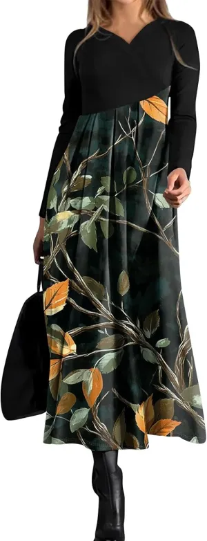 Dresses for Women 2025 Spring Midi V Neck Long Sleeve Summer Boho Work Ladies Dressy Western Dress