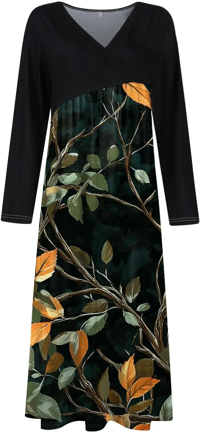 Dresses for Women 2025 Spring Midi V Neck Long Sleeve Summer Boho Work Ladies Dressy Western Dress