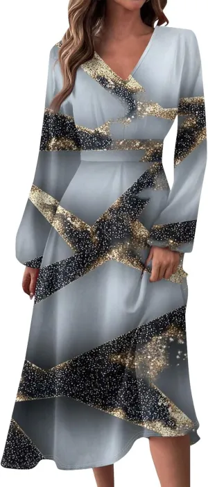 Dresses for Women 2025 Spring V Neck Midi Long Sleeve Casual Summer Teens Elegant Western Fashion Dress