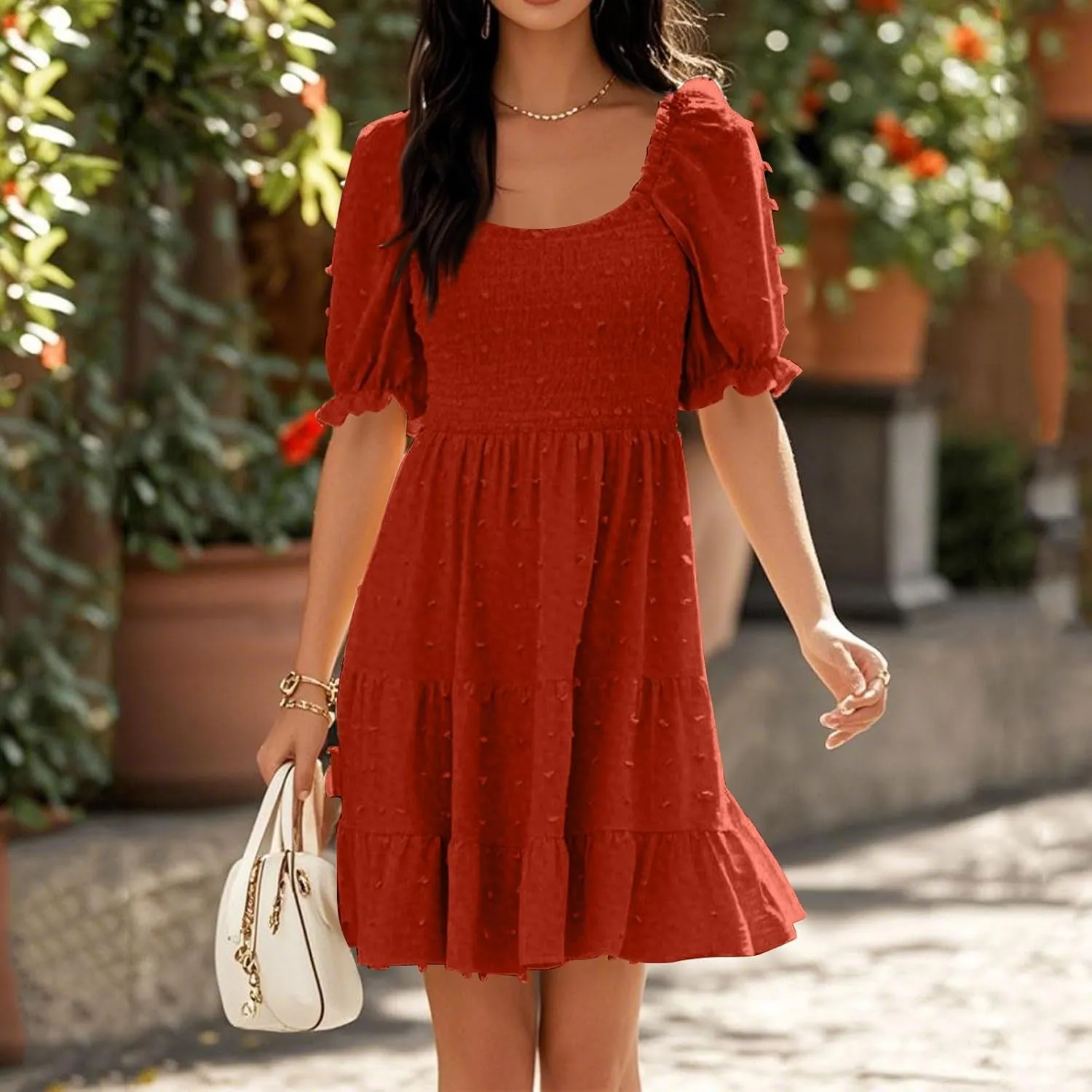 Dresses for Women 2025 Summer Beach Vacation Clothes Spring Short Sleeve U Collar Casual Sundresses