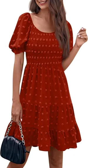 Dresses for Women 2025 Summer Beach Vacation Clothes Spring Short Sleeve U Collar Casual Sundresses