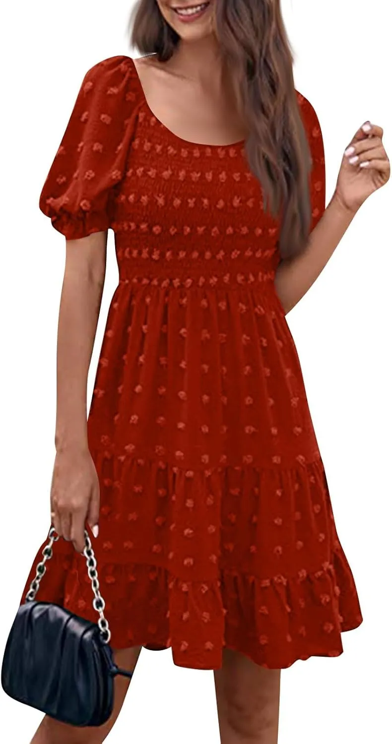 Dresses for Women 2025 Summer Beach Vacation Clothes Spring Short Sleeve U Collar Casual Sundresses