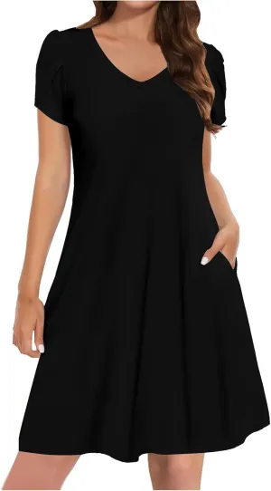 Dresses for Women Summer Plus Size Dresses Short Sleeve V Neck Casual Mini Dress Solid Loose Sundresses with Pocket