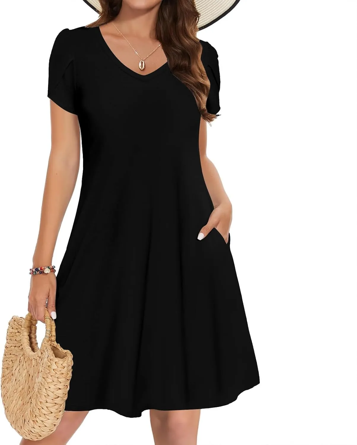 Dresses for Women Summer Plus Size Dresses Short Sleeve V Neck Casual Mini Dress Solid Loose Sundresses with Pocket