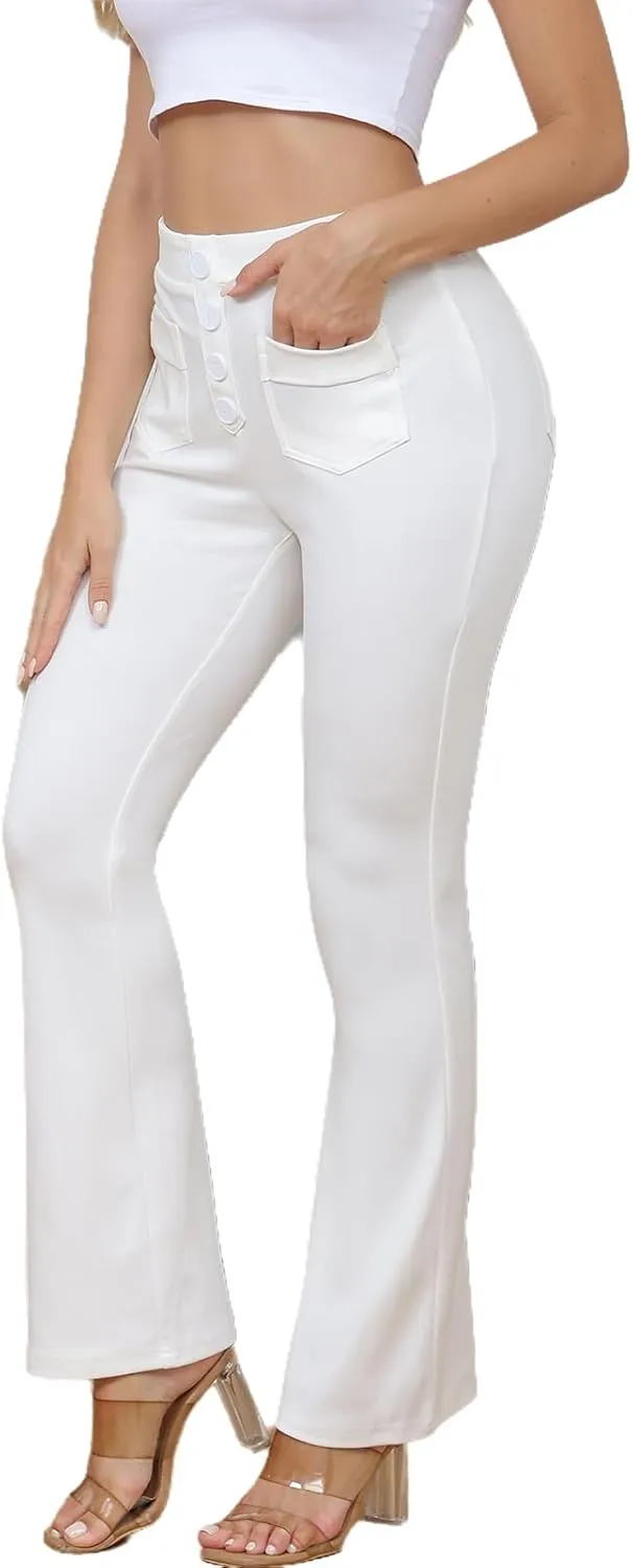 ECHOINE Womens Casual High Waisted Stretchy Bootcut Dress Pants Button Business Work Trousers with Multiple Pockets