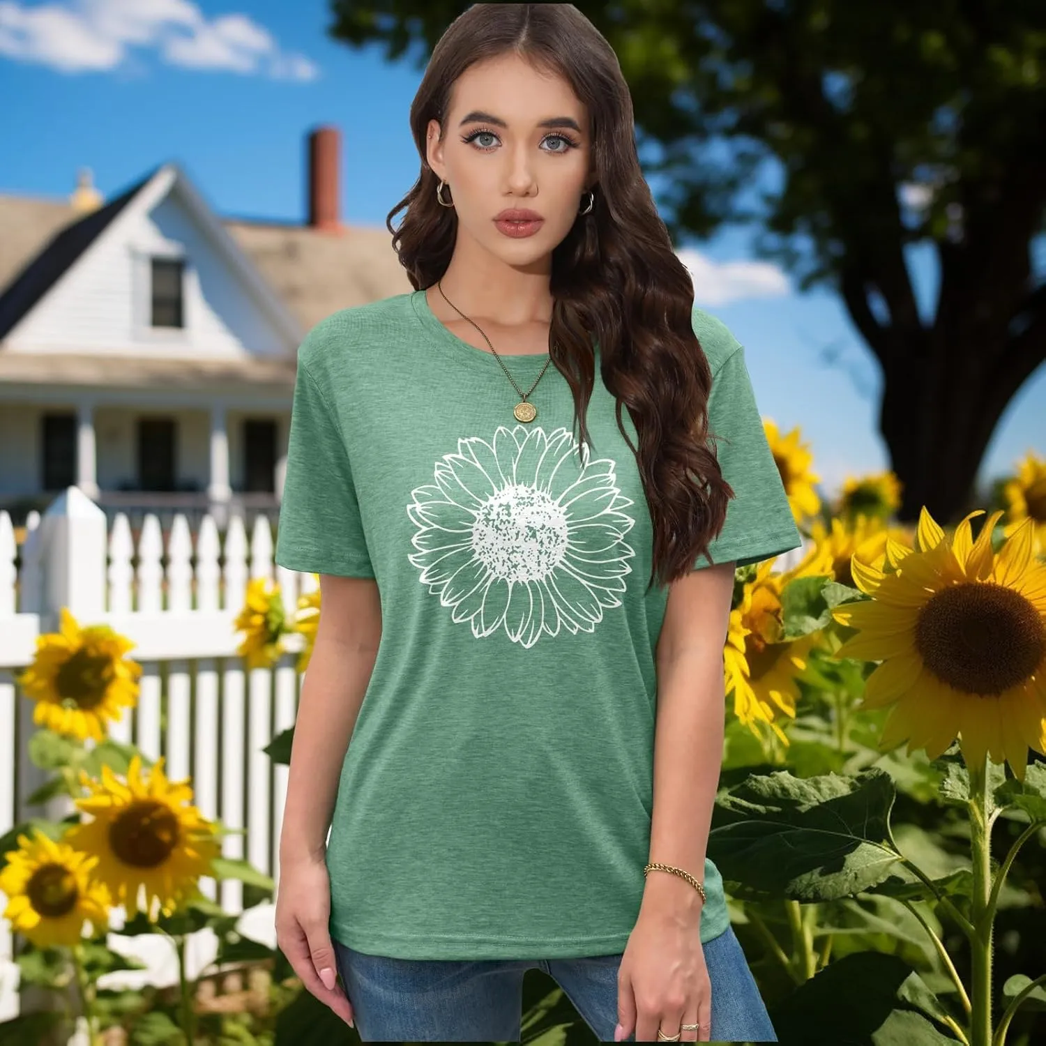 EUOW Women's Sunflower Graphic Shirts Boho Flowers Tee Tops Cute Summer Vintage Short Sleeve Holiday T Shirt