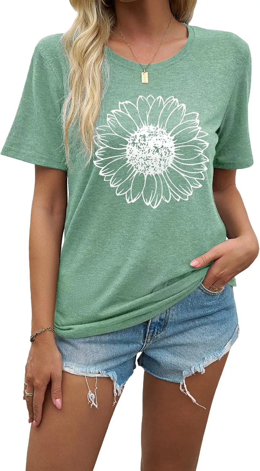 EUOW Women's Sunflower Graphic Shirts Boho Flowers Tee Tops Cute Summer Vintage Short Sleeve Holiday T Shirt