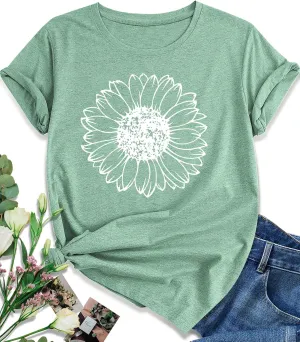 EUOW Women's Sunflower Graphic Shirts Boho Flowers Tee Tops Cute Summer Vintage Short Sleeve Holiday T Shirt