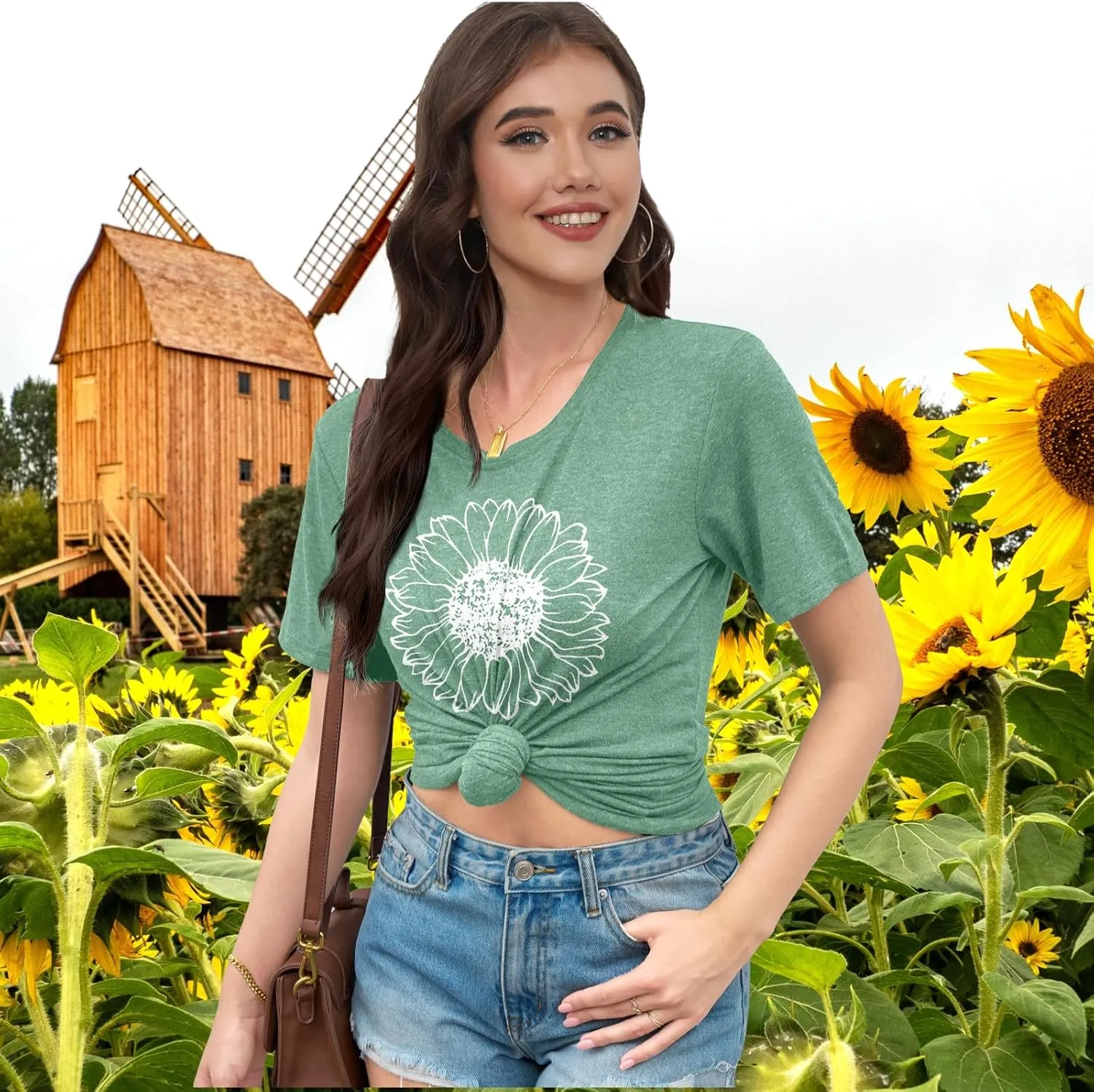 EUOW Women's Sunflower Graphic Shirts Boho Flowers Tee Tops Cute Summer Vintage Short Sleeve Holiday T Shirt